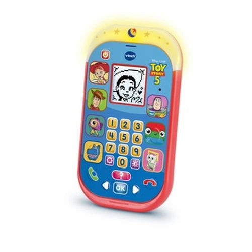 VTech Toy Story 5 Learning Phone angled view with Woody displayed on the screen, character buttons and number keypad