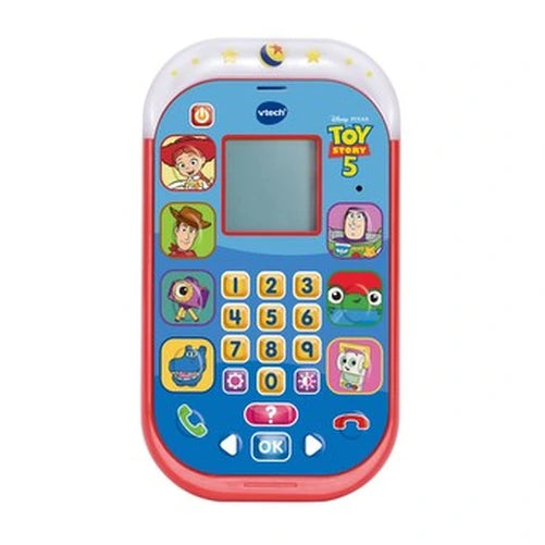 VTech Toy Story 5 Learning Phone showing Jessie, Woody, Buzz Lightyear and other Toy Story character buttons with the numbered keypad