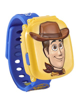 VTech Toy Story 5 Woody Learning Watch with blue strap and yellow flip cover featuring Woody