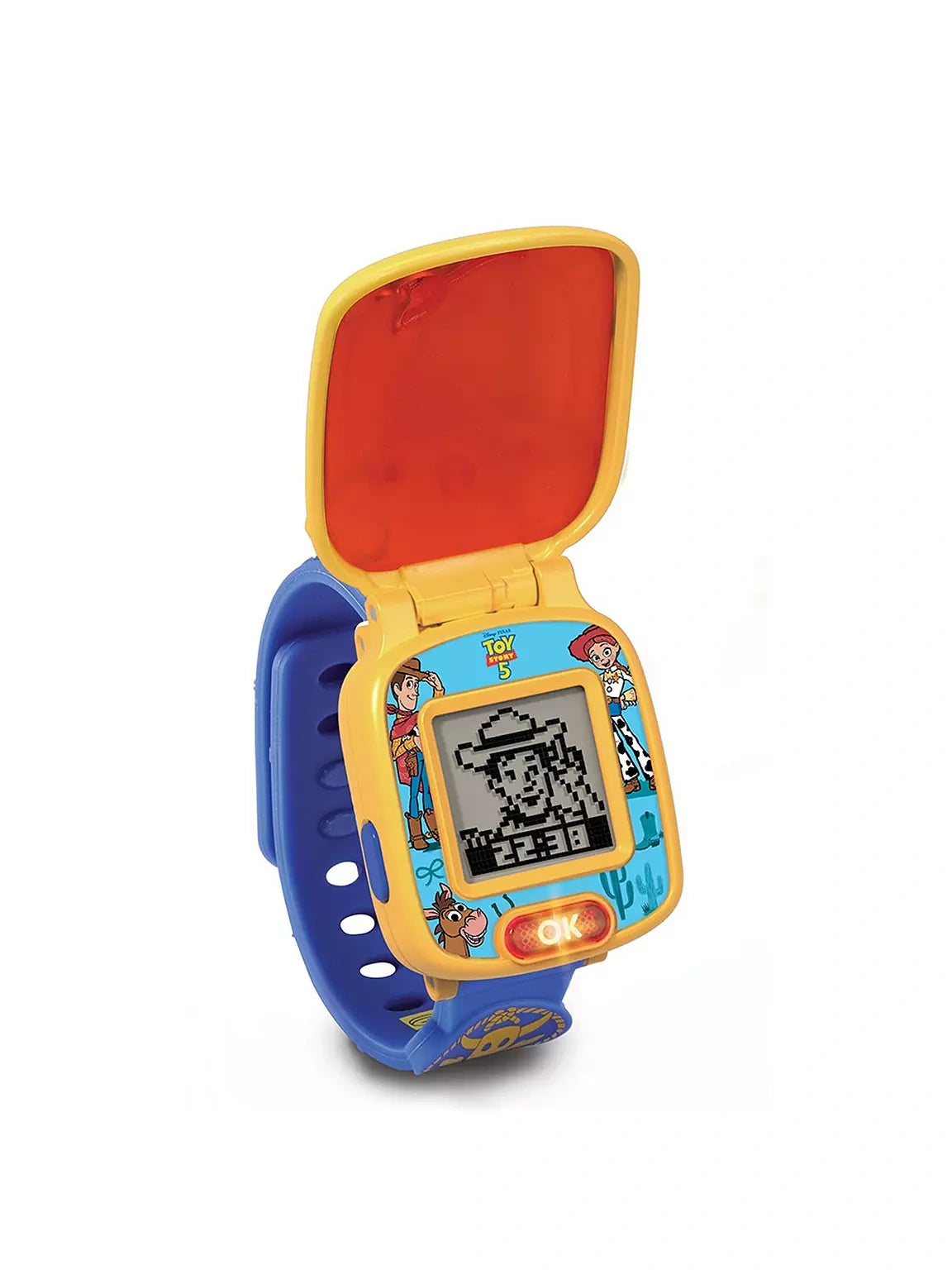 VTech Toy Story 5 Woody Learning Watch with flip cover open and digital character display visible