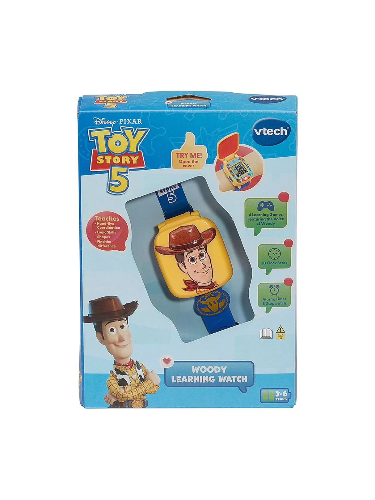 VTech Toy Story 5 Woody Learning Watch in retail packaging with Woody artwork and watch visible through the front window