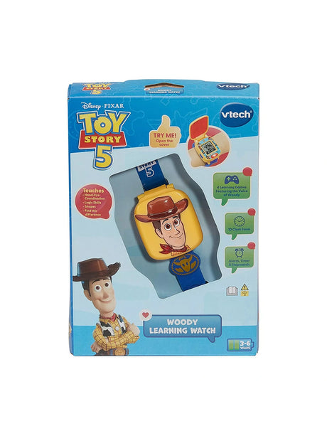 VTech Toy Story 5 Woody Learning Watch in retail packaging with Woody artwork and watch visible through the front window