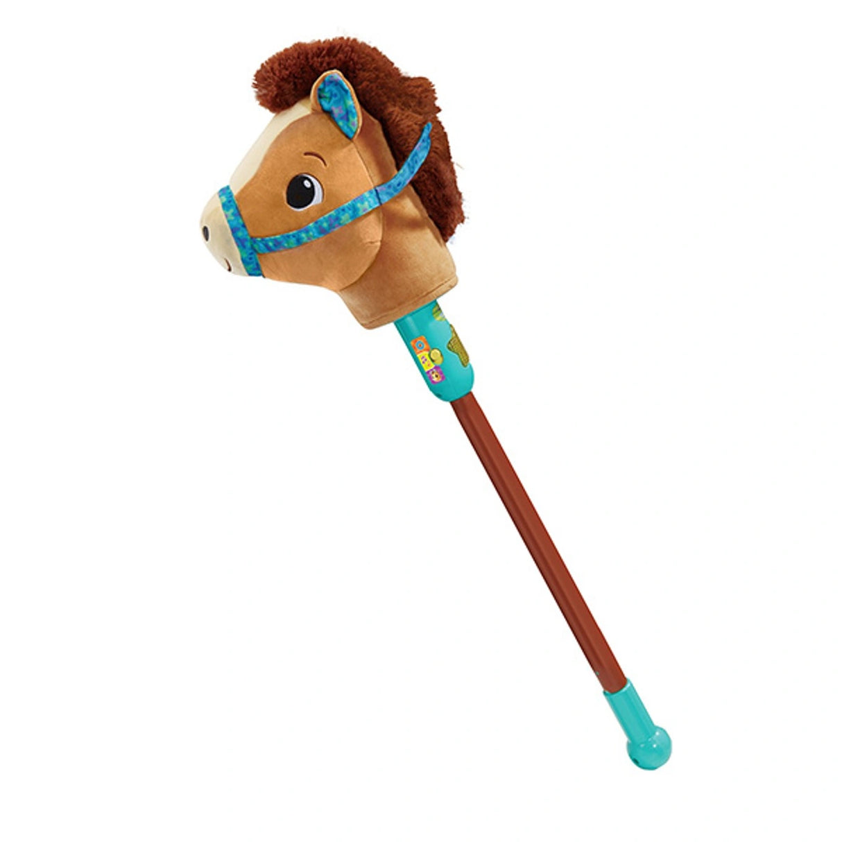 VTech Trotting Tunes Hobby Horse with brown plush horse head, blue patterned bridle, turquoise handle with light up star button and brown stick