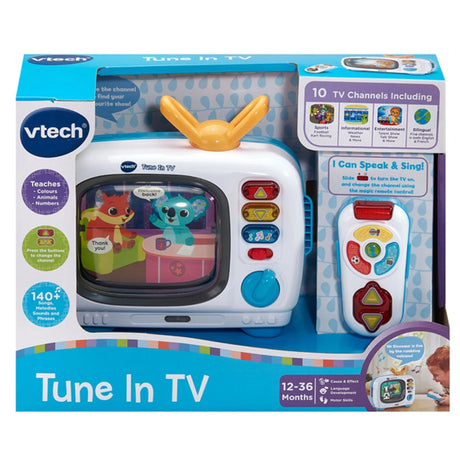 VTech Tune In TV toy box showing flip-panel screen and remote – Ireland.