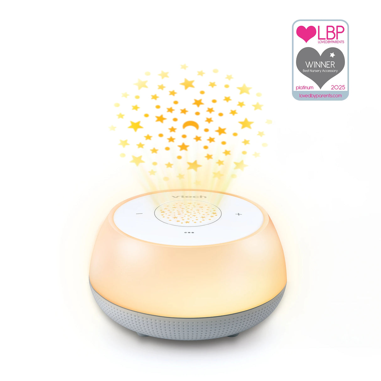 VTech V-Hush Mini Sleep Soother projecting stars with a Loved by Parents 2025 winner badge