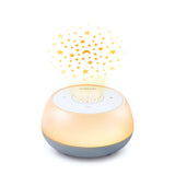 Front view of the glowing VTech V-Hush Mini Sleep Soother projecting yellow stars and moons