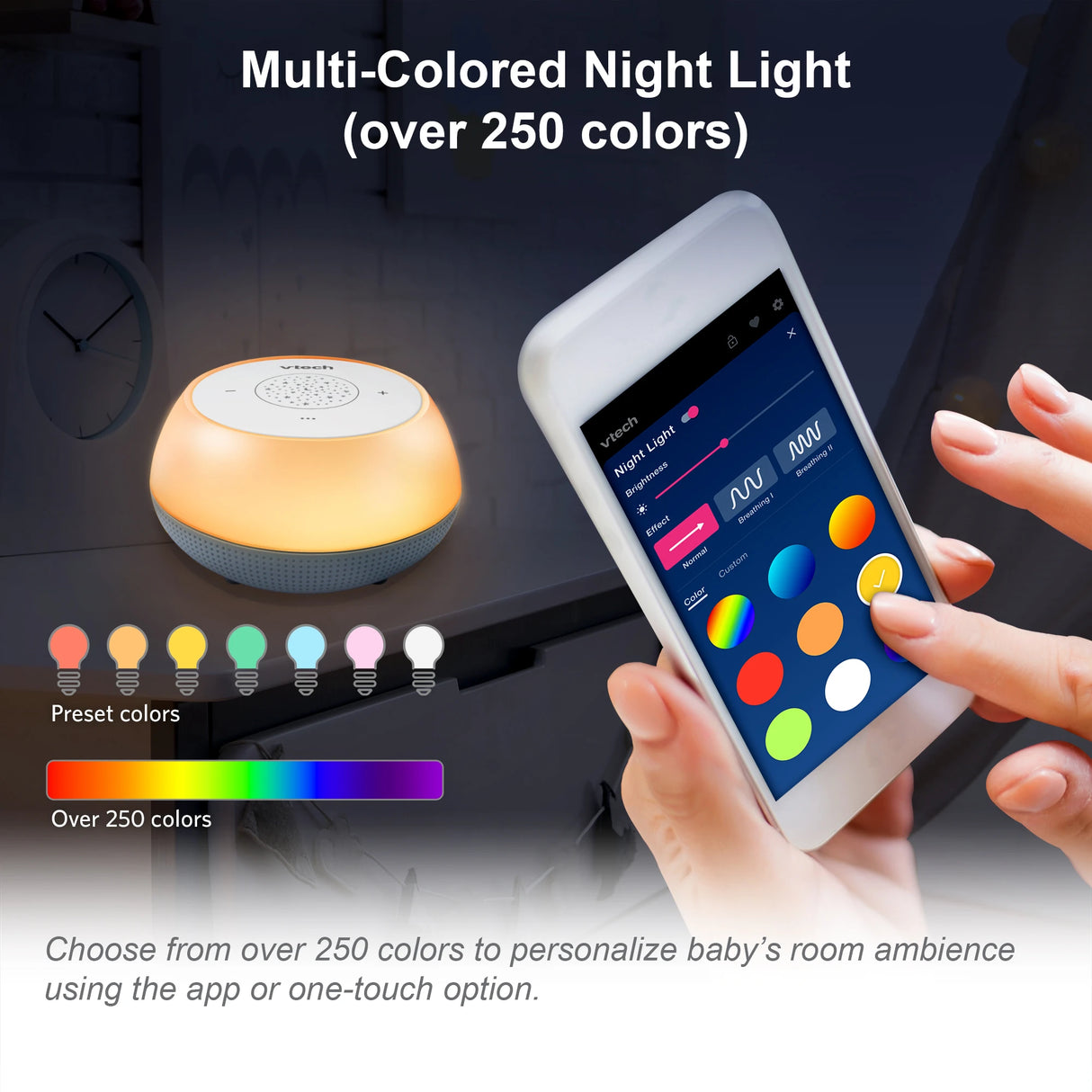 VTech V-Hush Mini Sleep Soother glowing beside a phone displaying night light colour controls