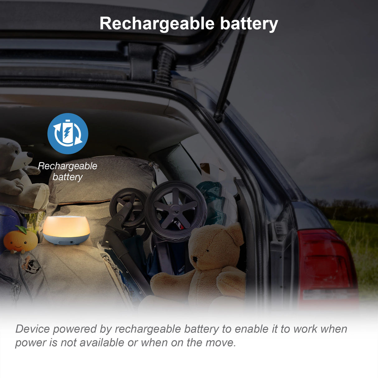 VTech V-Hush Mini Sleep Soother glowing inside a car boot with rechargeable battery graphic