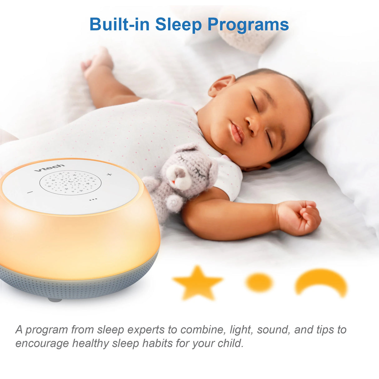 Sleeping baby beside the glowing VTech V-Hush Mini Sleep Soother with sleep program graphics