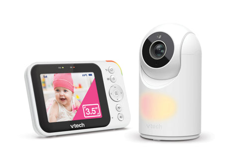 VTech VM4263 3.5 inch video baby monitor with parent unit showing baby and camera beside it
