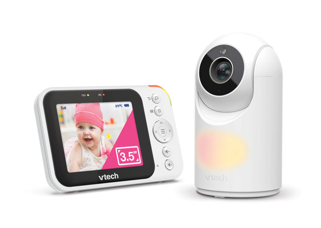 VTech VM4263 3.5 inch video baby monitor with parent unit showing baby and camera beside it