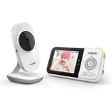 VTech VM819 video baby monitor showing parent unit with 2.8 inch colour screen and matching camera unit on white background