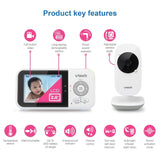 VTech VM819 video baby monitor feature graphic showing colour LCD screen, night vision, talk back intercom, temperature sensor, and sound level indicator icons