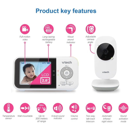 VTech VM819 video baby monitor feature graphic showing colour LCD screen, night vision, talk back intercom, temperature sensor, and sound level indicator icons