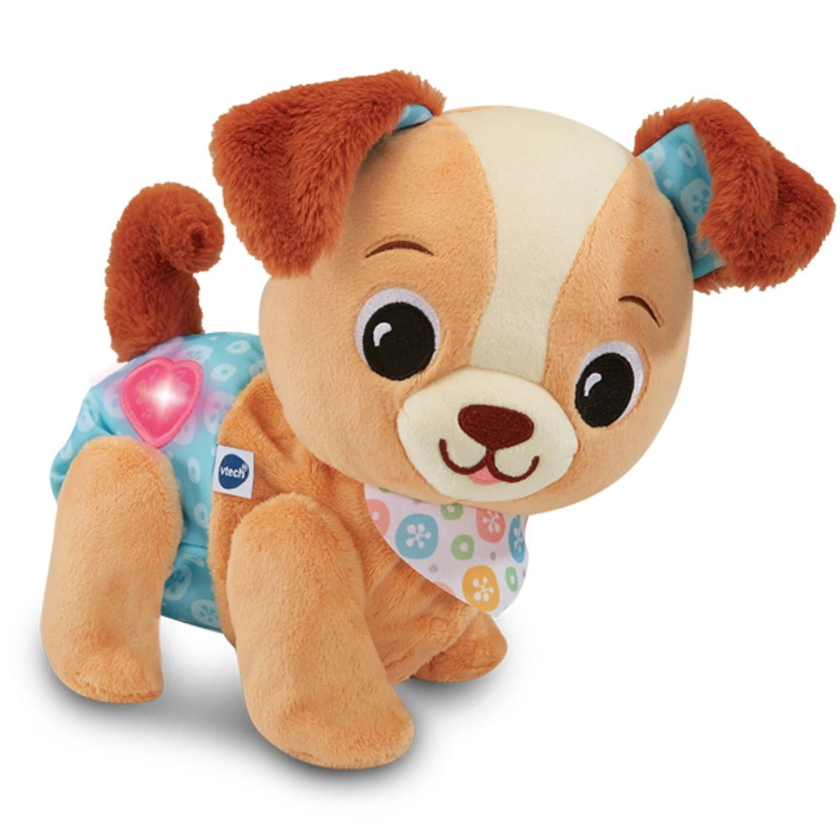 VTech Walk & Wag Puppy plush toy with brown ears, blue body panel and light up heart button