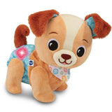 VTech Walk & Wag Puppy plush toy with brown ears, blue body panel and light up heart button