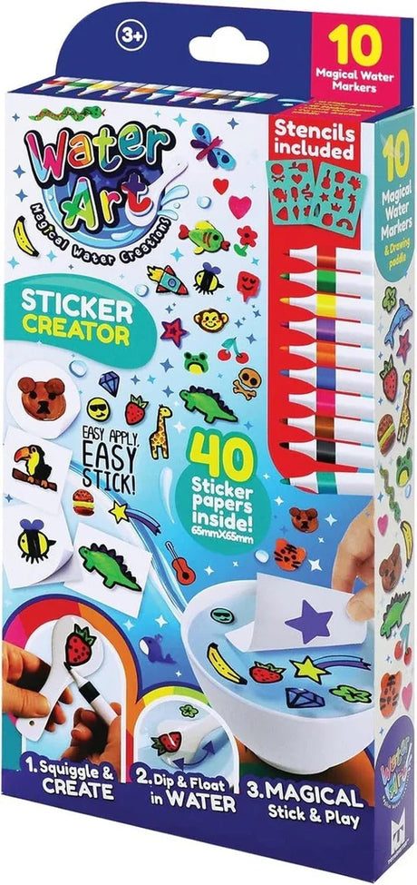 Water Art Magical Sticker Creator boxed set with 10 colourful markers, stencils, and 40 sticker papers