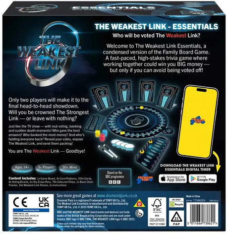 Back of The Weakest Link Essentials Edition game box showing gameplay, contents and digital timer app