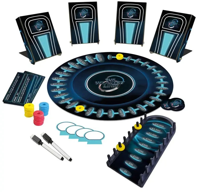 The Weakest Link Essentials Edition game board, podiums, cards, tokens, markers and money ladder