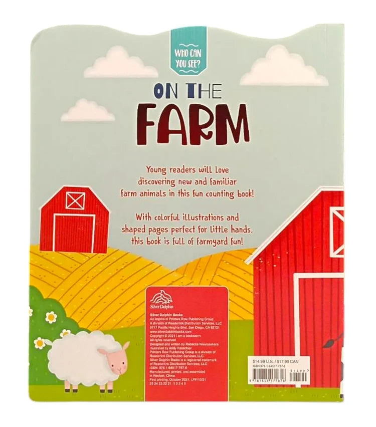 Back cover of Who Can You See? On the Farm with red barns, sheep illustration and book description