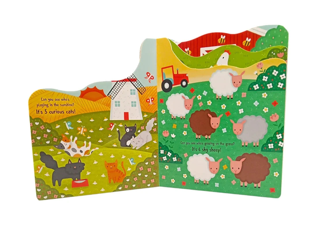 Open Who Can You See? On the Farm book showing five cats near a windmill and six sheep in a field