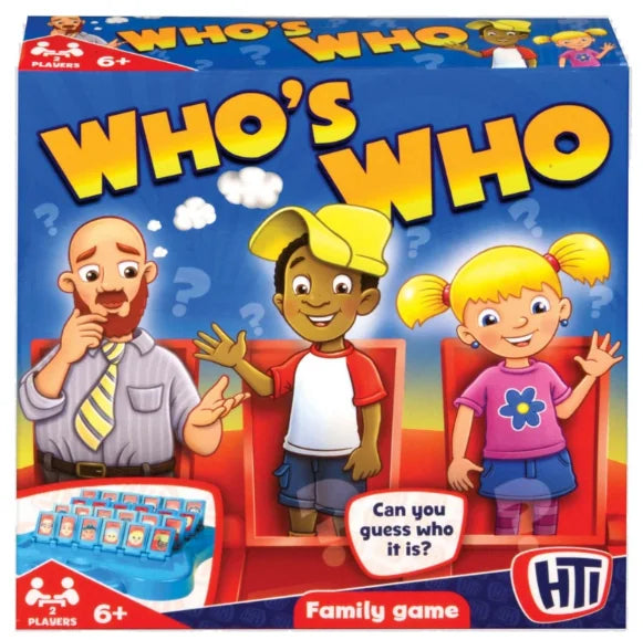 Who's Who? game set box with cartoon characters and blue and red game grids Ireland