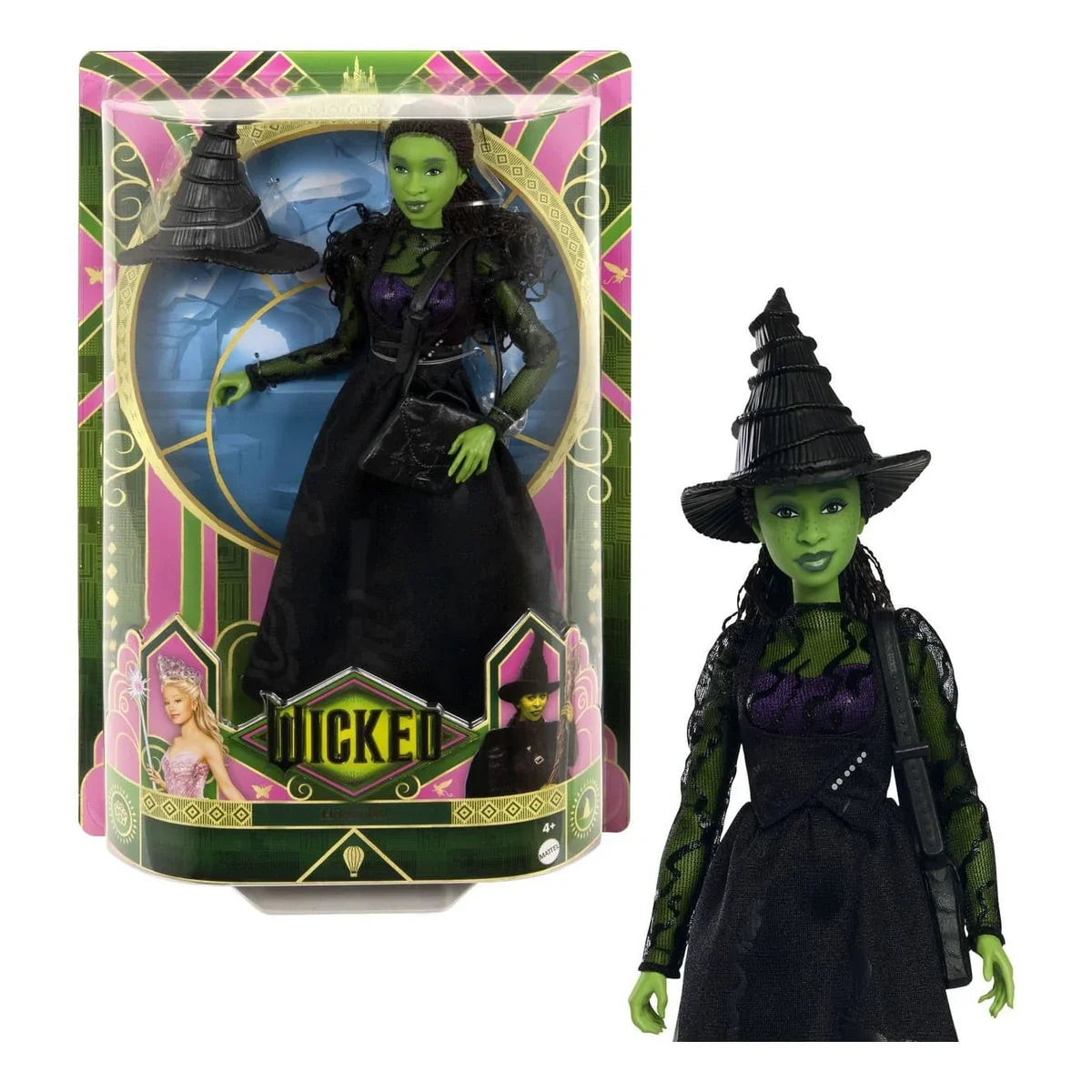Packaged Wicked Elphaba doll with inset image showing the doll wearing her hat and holding the school bag