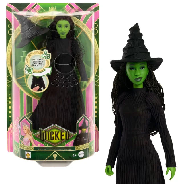 Elphaba singing doll from the Wicked movie shown in retail packaging with black gown, pointed hat, and Defying Gravity sound callout
