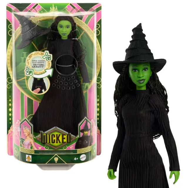 Elphaba singing doll from the Wicked movie shown in retail packaging with black gown, pointed hat, and Defying Gravity sound callout