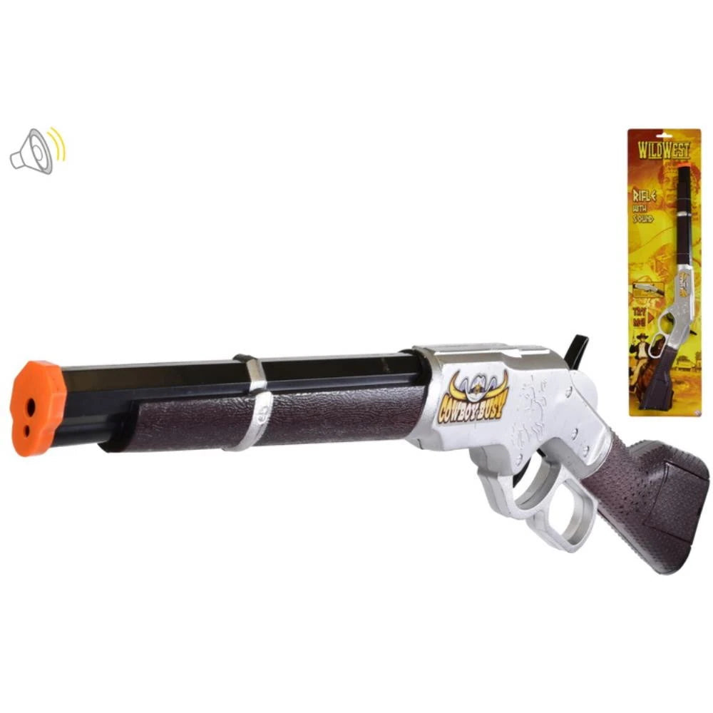 Wild West Rifle With Sound toy rifle with sound icon and tie card packaging shown behind