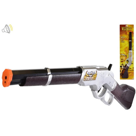 Wild West Rifle With Sound toy rifle with sound icon and tie card packaging shown behind