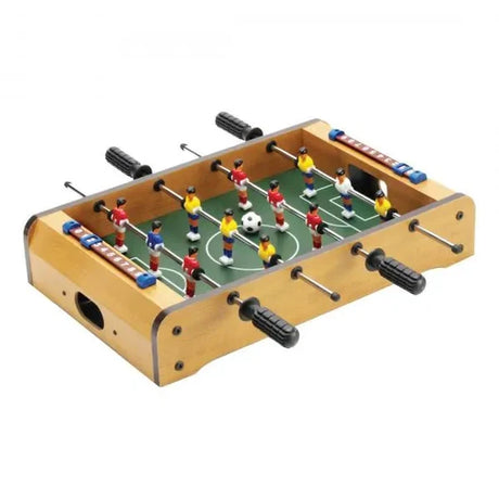 Wooden tabletop football game with side handles, metal rods and green pitch surface