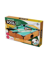 Boxed wooden tabletop pool game set showing complete contents including cues, balls and triangle in Ireland