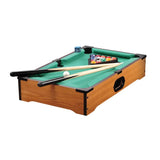 Wooden tabletop pool table with green felt surface, cues, balls and triangle arranged for play in Ireland