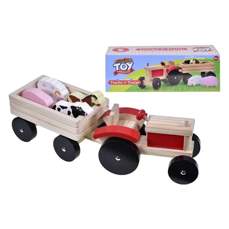 Wooden Toy Workshop tractor and trailer playset with four animal pieces and box shown behind
