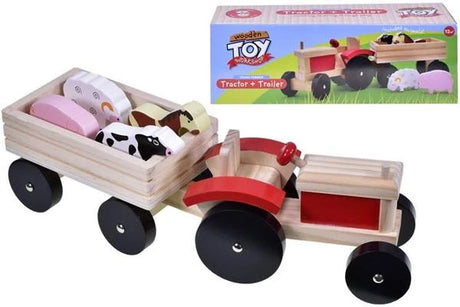Wooden tractor and trailer playset with animal pieces in the trailer and product box shown above