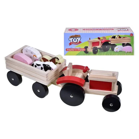 KandyToys wooden tractor and trailer playset with pig, sheep, cow and horse pieces beside the product box