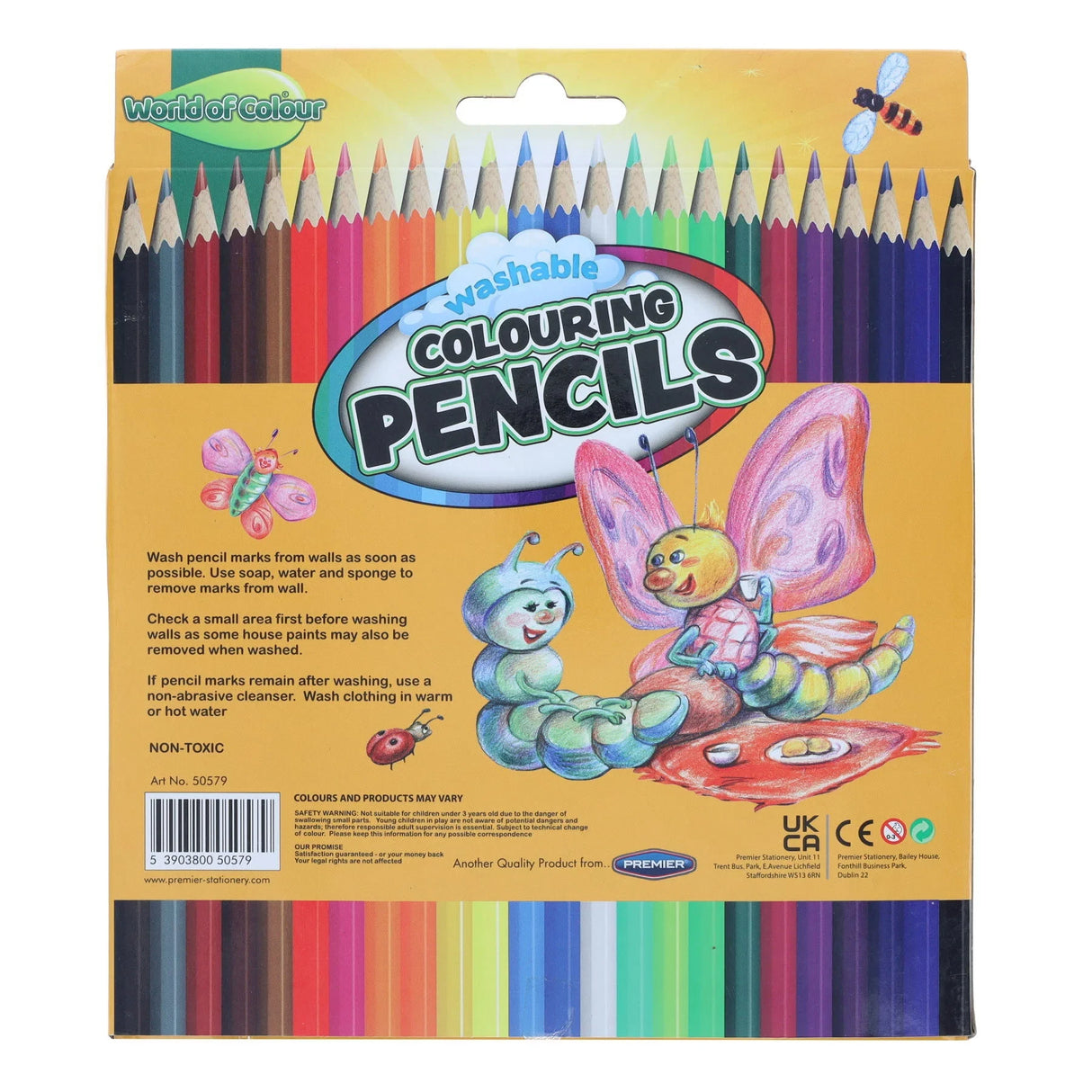 Back of the World of Colour 24 washable colouring pencils pack with product information, coloured pencil ends and cartoon caterpillar and butterfly artwork 