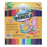 Back of the World of Colour 24 washable colouring pencils pack with product information, coloured pencil ends and cartoon caterpillar and butterfly artwork 