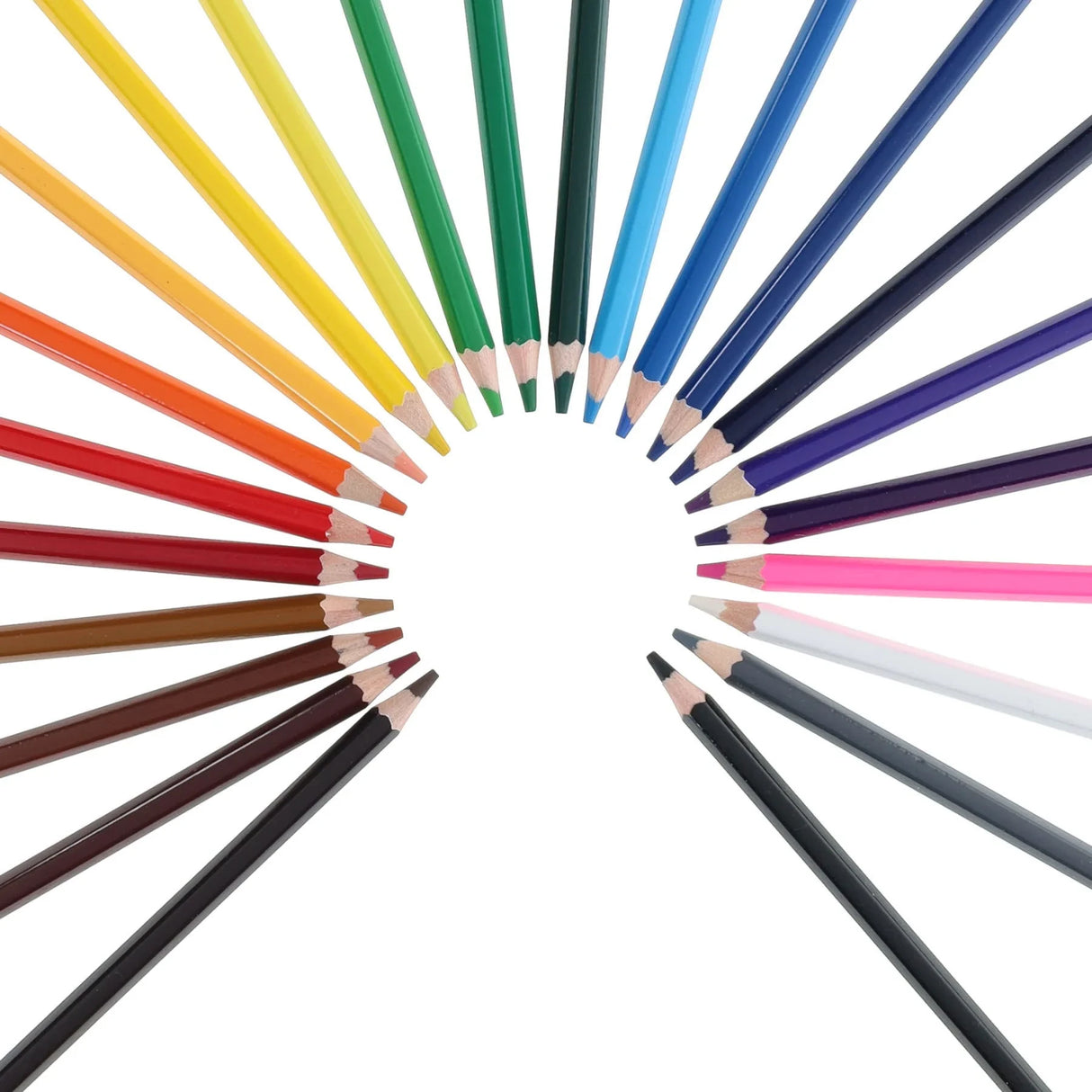 World of Colour colouring pencils arranged in a wide circle showing yellow, green, blue, purple, pink, grey, black, brown, red and orange shades