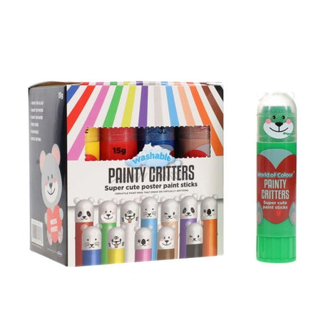 World of Colour Painty Critters Poster Paint Sticks box shown with one green paint stick beside it