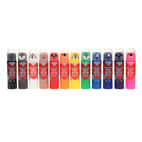 World of Colour Painty Critters Poster Paint Sticks shown in a straight row of twelve assorted colours