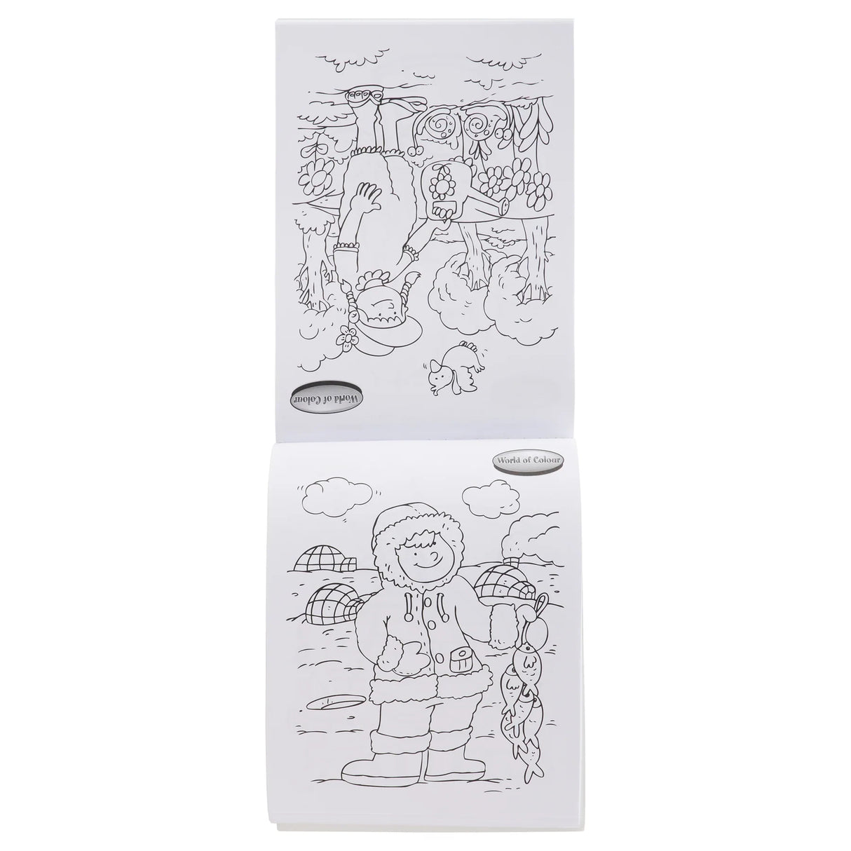 Open World of Colour colouring book showing a child holding fish beside igloos and a garden colouring scene
