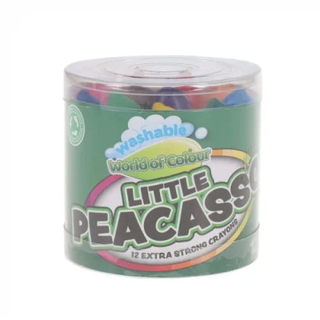 World of Colour Little Peacasso crayons shown in a clear tub with front label visible