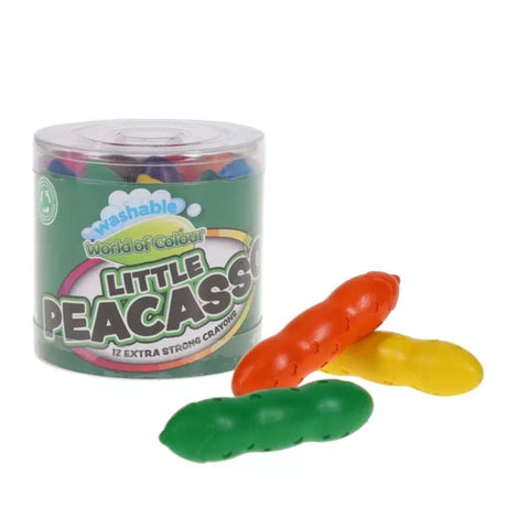 World of Colour Little Peacasso crayons tub shown with orange, yellow and green crayons in front
