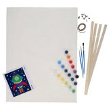 World of Colour Rocket Canvas Art Scroll showing blank canvas, rocket guide sheet, paint pots, brushes, wooden frame pieces and hanging cord