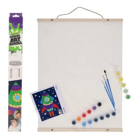 World of Colour Rocket Canvas Art Scroll showing product box, hanging canvas, rocket guide sheet, paint pots and brushes