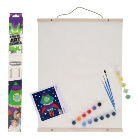 World of Colour Rocket Canvas Art Scroll showing product box, hanging canvas, rocket guide sheet, paint pots and brushes