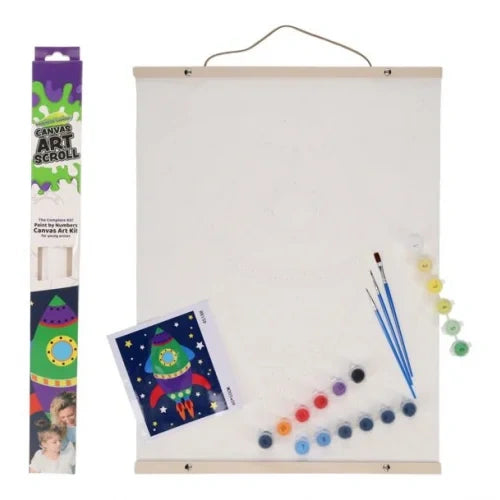World of Colour Rocket Canvas Art Scroll showing product box, hanging canvas, rocket guide sheet, paint pots and brushes