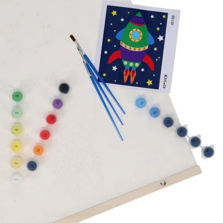 World of Colour Rocket Canvas Art Scroll showing rocket guide sheet, paint pots, brushes and canvas corner